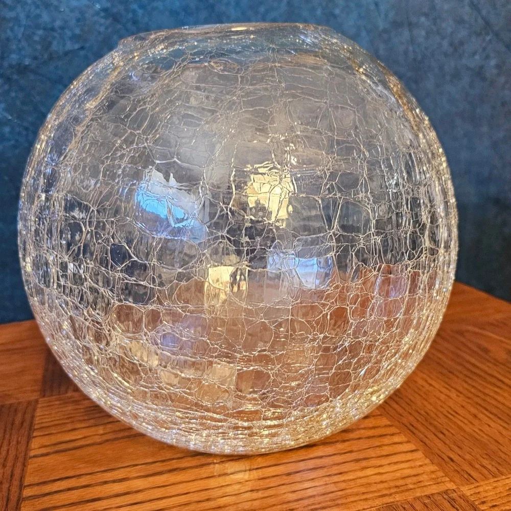 Vintage Handcrafted Clear Crackle Glass Rose Bowl Vase 12 inch Round Centerpiece
